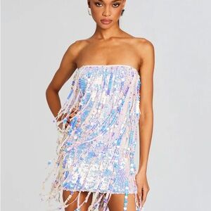 Sequin Fringe Strapless Mini Dress